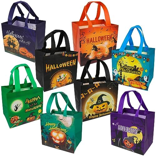Photo 1 of Amicably 8PCS Halloween Trick or Treat Bags, Halloween Gifts Bags, Halloween Tote Bags with Handles, Large Gift Bags Multifunctional Non-Woven, Halloween Party Supplies, 7.9"×7.9"×6.3"