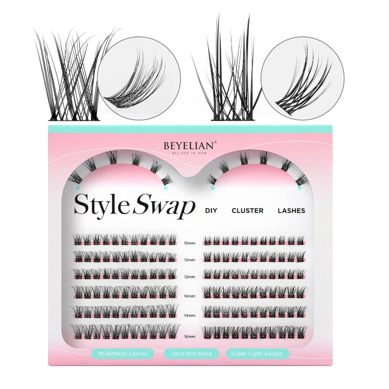 Photo 1 of 2 PACK BEYELIAN Lash Clusters, 144 Pcs D Curl 10-16mm C Curl Individual Cluster Lashes Natural Look Soft DIY Lash Extensions Black Super Thin Band DIY Eyelash Extension Style CDD01+ CDD03
