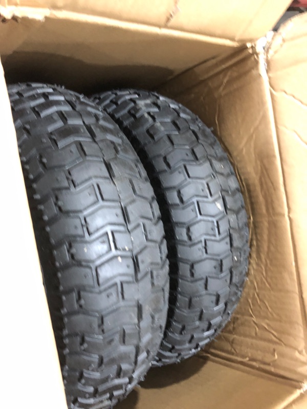Photo 2 of (2-Pack) 16x6.50-8 Pneumatic Tires on Rim - Universal Fit Riding Mower and Yard Tractor Wheels - With Chevron Turf Treads - 3” Centered Hub and 3/4” Bushings - 615 lbs Max Weight Capacity
