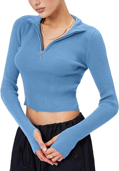 Photo 1 of Allytok Long Sleeve Crop Tops for Women Quarter Zip V Neck Ribbed Knit Cropped Sweaters Young Y2K Shirts 
