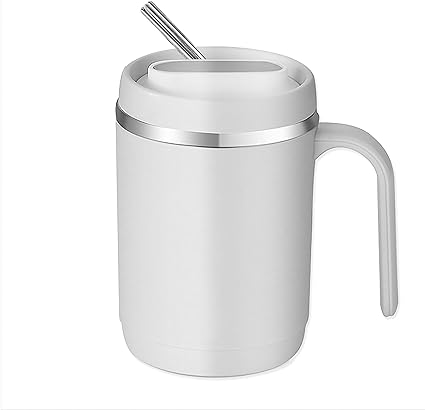 Photo 1 of 16oz Travel Cup with Straw, 304 Stainless Steel Coffee Cup, Stainless Steel Vacuum InsulateTumbler,Coffee Mug with a Handle,White Mug