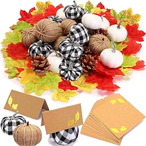 Photo 1 of 104 Pcs Fall Thanksgiving Decorations Mixture of Artificial Pumpkin Fall Maple Leaves for Fall Party Decor Festival Autumn Harvest Decorating Kit Halloween Thanksgiving Party Supplies(Warm Color) 