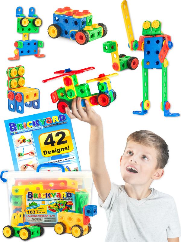 Photo 1 of Brickyard Building Blocks STEM Toys - Educational Building Toys For Kids Ages 4-8 With 163 Pieces, Tools, Design Guide And Toy Storage Box, Gift For Boys & Girls
