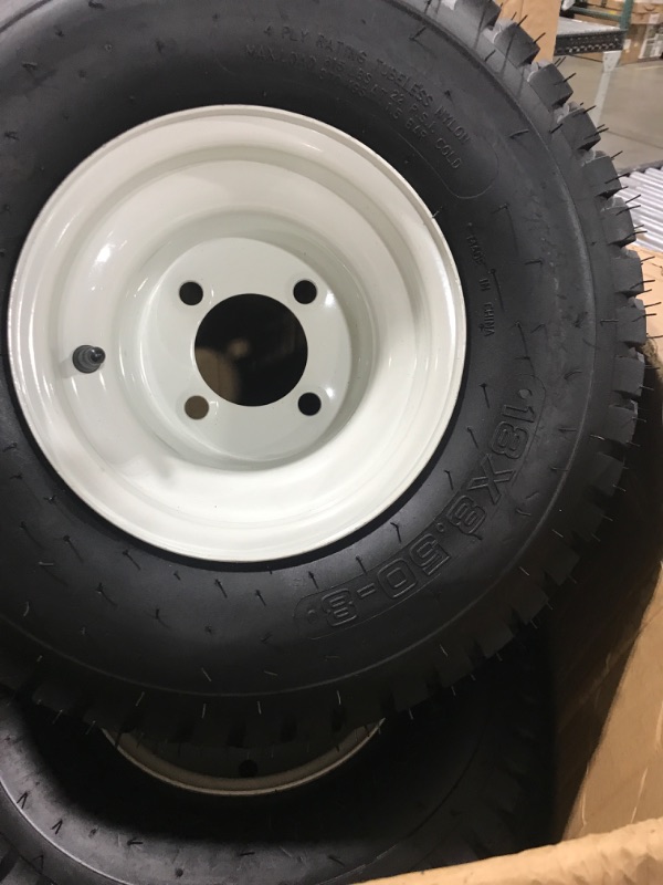 Photo 2 of (2-Pack) 18” Tubeless Tires On Rims - 18x8.5-8 Tire and Wheel Assemblies - 4-Lug 4” Center - 2.83” Center Bore - Load Range B Max Tire Weight of 815 Lbs - Compatible with Alumacraft Boat Trailers 18"x8.5-8" white