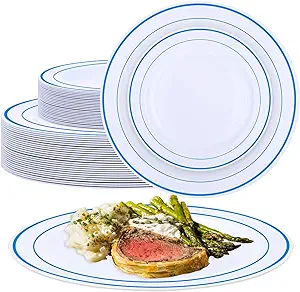 Photo 1 of  50 Pcs Plastic Plates Disposable Dinnerware Set 25 Guests Heavy Duty Disposable Plates with Rim 10.25 and 7.5 In Plastic Dinner Plates for Party Wedding Graduation Events (Blue Rim) 