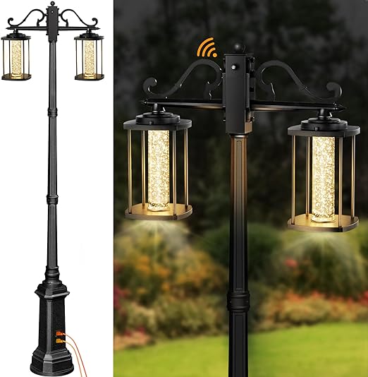 Photo 1 of Outdoor Lamp Post Light with GFCI Outlet,Double-Head Dusk to Dawn Pole Light Fixture with Crystal Bubble Glass,10W LED Integrated,Waterproof Lamp Posts Outdoor Lighting,Light Post for outside,3000K https://a.co/d/8rvn08t