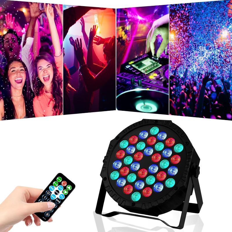 Photo 1 of LED Stage Lights 36 RGB Party Light 7 Modes DJ Par Lighting Sound Activated Strobe Uplights with Remote DMX Control for Events Wedding Birthday Music Show Dance-1 Pack
