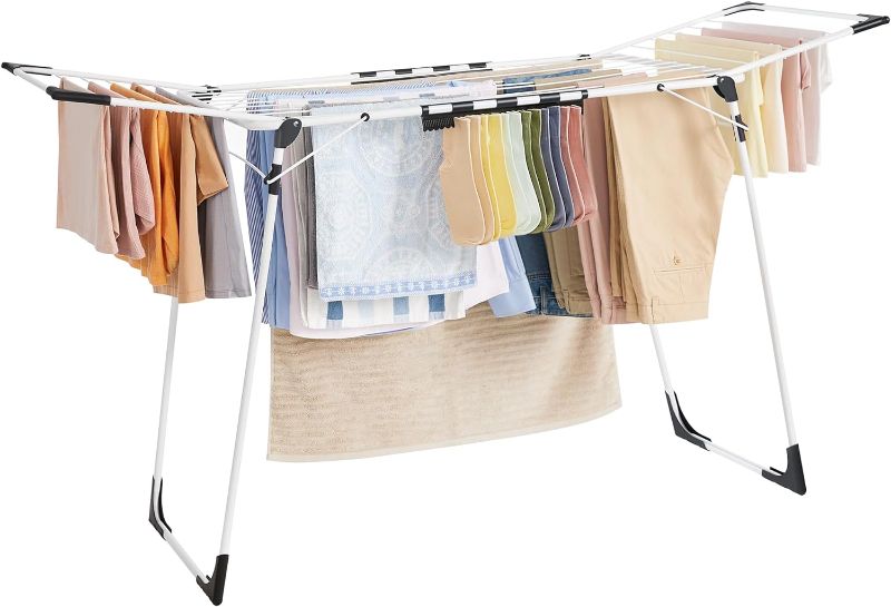 Photo 1 of SONGMICS Clothes Drying Rack Foldable, Gullwing Laundry Drying Rack, Space-Saving, 22.2 x 68.1 x 38 Inches, Sock Clips, Metal Structure, for Clothes, Towels, Linens, Indoor/Outdoor White ULLR518W01
