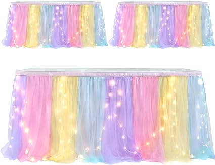 Photo 1 of 3 Pack Netbros Tutu Table Skirt Decoration with LED Light - Rainbow Table Skirts for Rectangle Tables - 6FT Unicorn Table Tutu Skirt for Parties, Baby Shower, Cake Dessert Buffet Table Decorations
