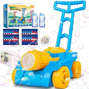 Photo 1 of Alkinoos Toddler Bubble Lawn Mower, Bubbl Machine 2000+ Bubbles per Minute, 2 Bottles of Bubble Solution and 20 Refill Packets Indoor and Outdoor Play - Blue & Yellow