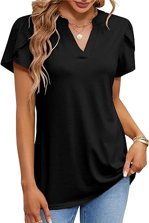 Photo 1 of AFVETUT Womens Summer Top Sexy V Neck Petal Short Sleeve Shirt Casual Flowy Solid Color Blouse Tees Tops, L
