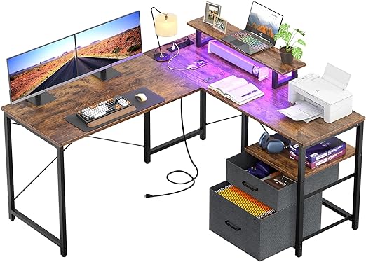Photo 1 of Homieasy L Shaped Computer Desk with Storage File Drawer, Reversible Home Office Desk with Recessed Power Strip and Led Strip, Corner Gaming Desk Work Study Table with Monitor Stand, Rustic Brown