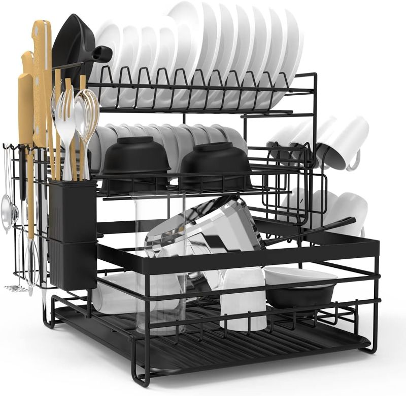 Photo 1 of 3 Tier Dish Drainer Rack for Kitchen Counter, Large Capacity Dish Drying Rack with Drainboard,Cup Holder,Cutting Board Rack and Cutlery Holder,Detachable Stainless Steel Dish Drying Rack for Kitchen
