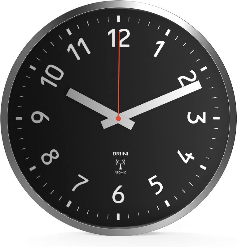 Photo 1 of Driini Analog Atomic Wall Clock – Self Setting and Battery Operated – 12’’ Brushed Silver Metal Frame with Black Face – Easy to Read Indoor Clocks for Bedroom, Kitchen, Office, School or Gym.
