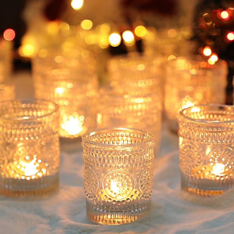 Photo 1 of 36 Pack Clear Glass Votive Candle Holders Tea Light Candle Holder Embossed Glass Candle Holder Tealight Votive Holder for Party Birthday Wedding Table Centerpiece Baby Shower Home Decoration