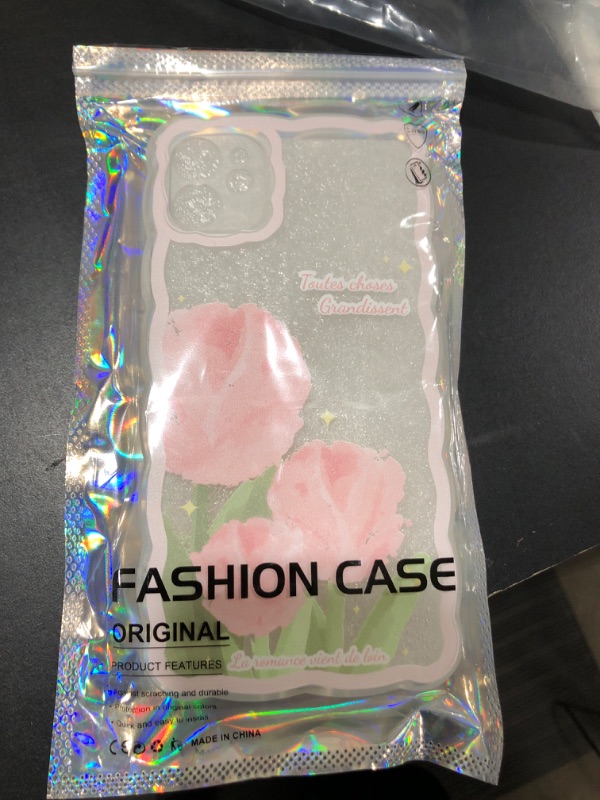 Photo 2 of GUSDBSW Compatible with iPhone 11 Case Cute for Women Girls, Fashion Wave Grip Design & Aesthetic Floral Pattern, Clear Soft TPU Phone Case - Pink Tulip iPhone 11 Pink Tulip