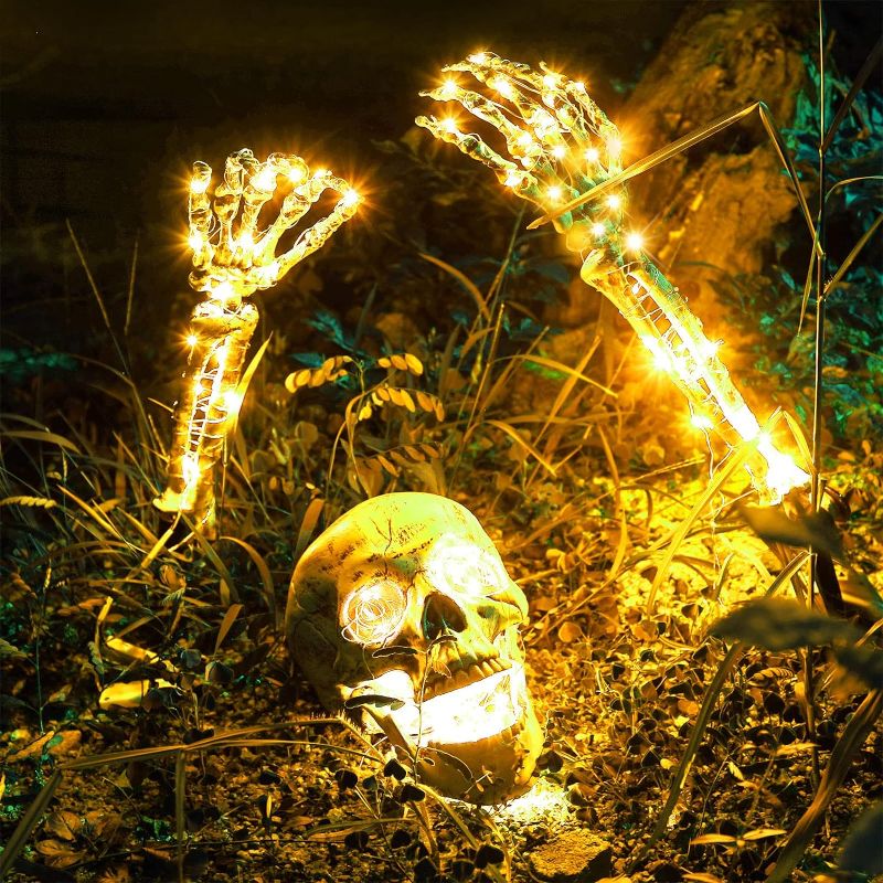 Photo 1 of 3 Pack Halloween Skeleton Stakes Outdoor Decorations Realistic Graveyard Skeleton Yard Stakes Lighted Skeleton Skull Arm Stakes Lawn Light up Stakes Garden Scary Ground Skeleton Stake
