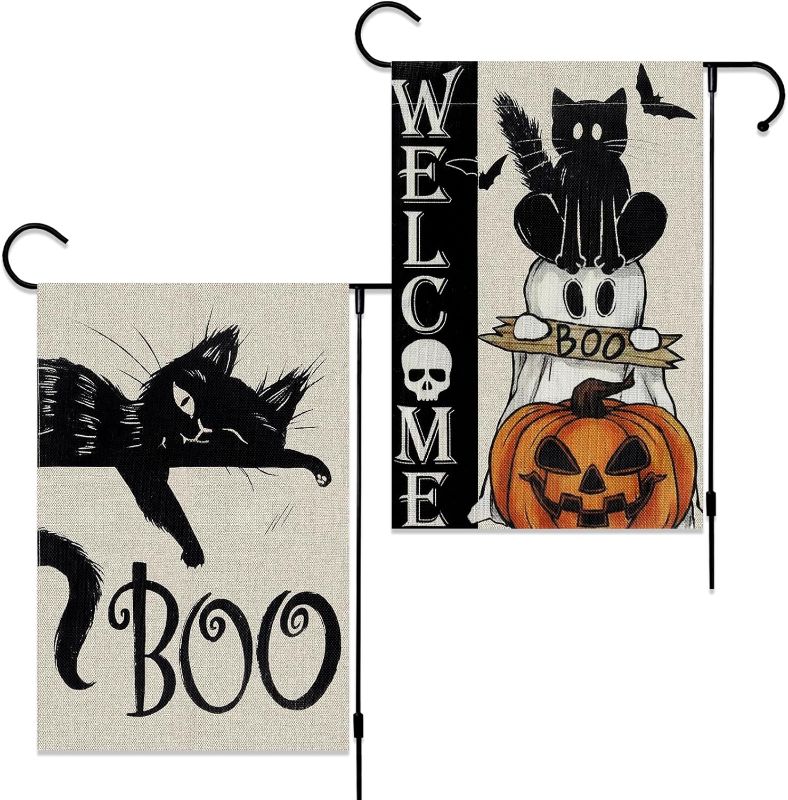 Photo 1 of 2 pc Halloween Boo Black Cat Garden Flag 12 x 18 Inch Double Sided Vertical Burlap Spooky Ghost Cat Welcome Garden Flag for Seasonal Holiday Outdoor Yard Decoration 2 PACK
