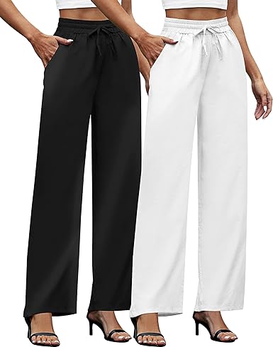Photo 1 of 2 Pairs Women's Cotton Linen Drawstring High Waisted Pants Casual Loose Wide Leg Pants Beach Trousers with Pockets for Daily XL Khaki, White