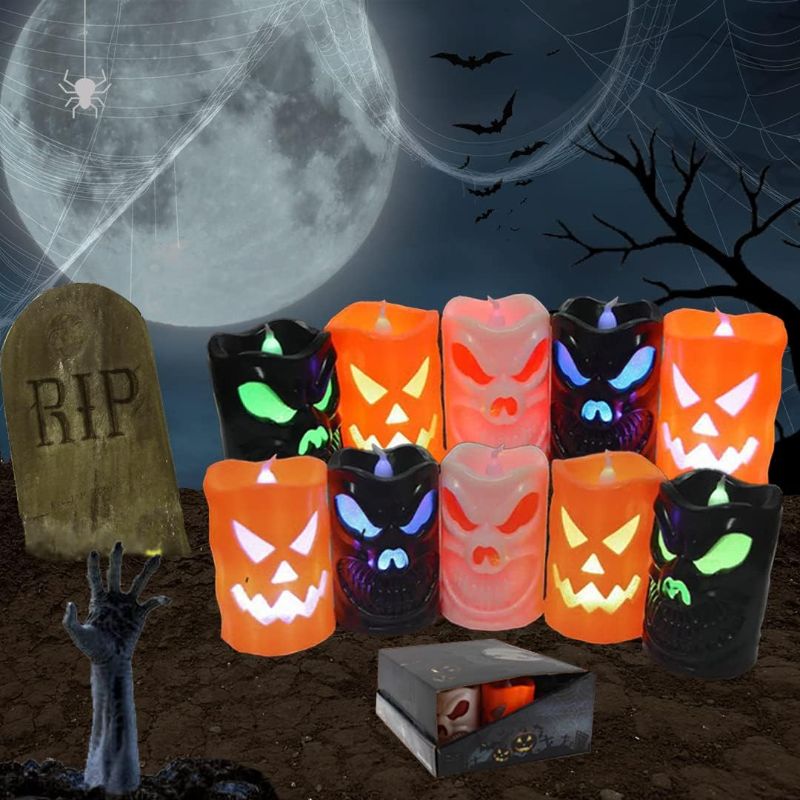 Photo 1 of 12 Pack Halloween Flameles Votive Candles Color Changing LED Tealight Candles Battery Operated Candles for Spooky, Halloween Indoor Decor Gift Home Party Decorations, Battery Included
