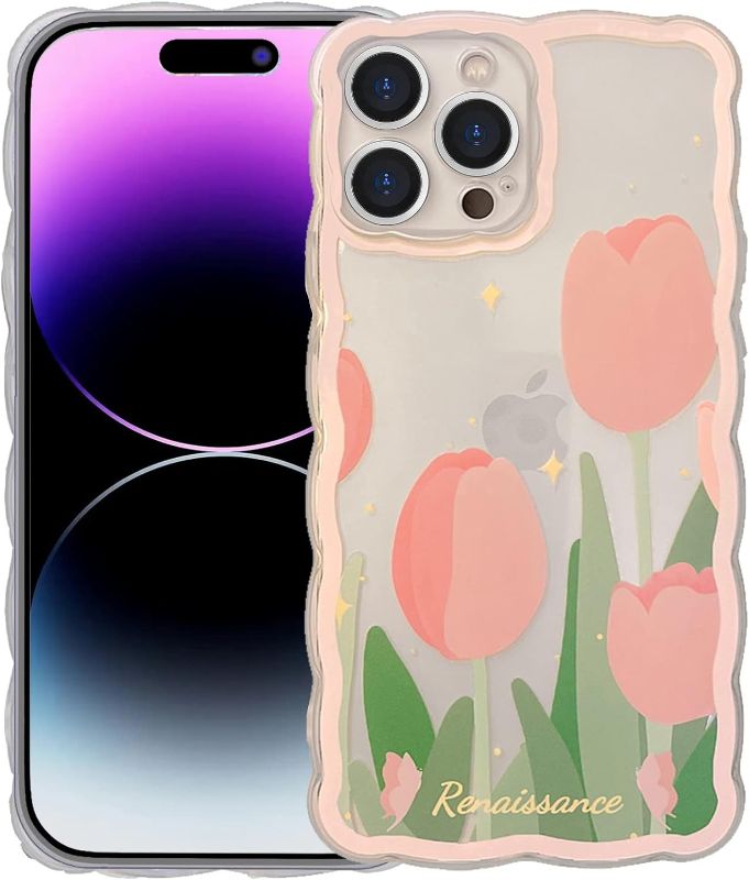 Photo 1 of GUSDBSW Compatible with iPhone 14 Pro Max Case Cute for Women Girls, Fashion Wave Grip Design & Aesthetic Floral Pattern, Clear Soft TPU Phone Case - Tulip Flower
