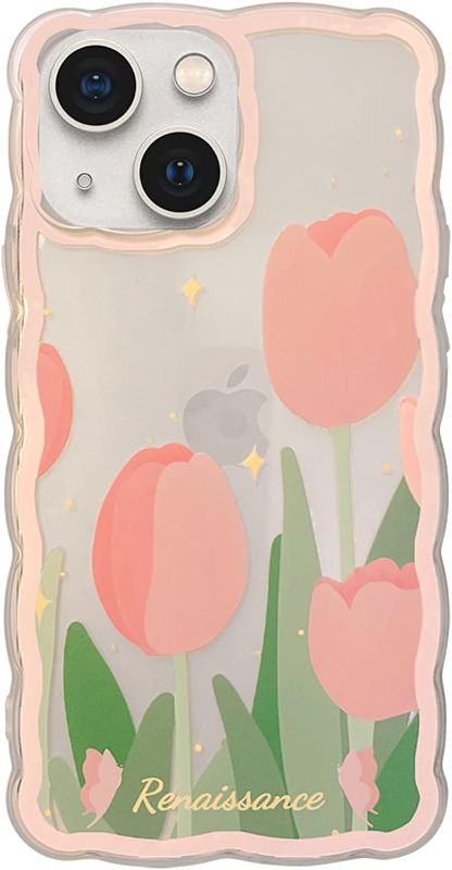 Photo 1 of GUSDBSW Cute iPhone 14  Case for Women Girls, Lovely Floral Pattern Wave Comfortable Grip Design for Girly, Slim Thin Soft Flexible TPU Clear Protective Phone Case - Tulip Flower
