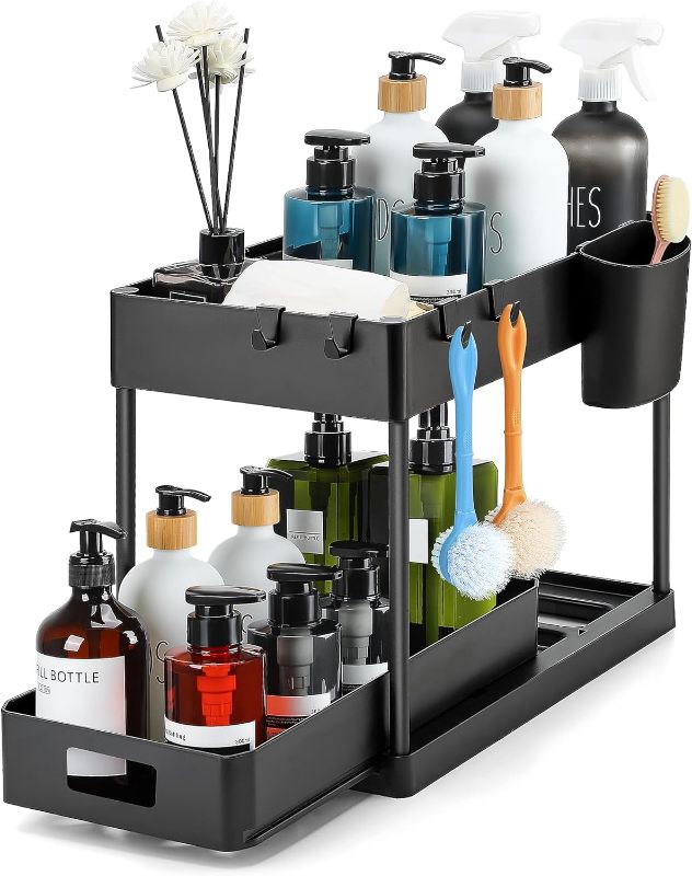 Photo 1 of 1 Pack Pull Out Under Sink Organizer 2 Tier Multi Purpose Sink Organizers Storage For Bathroom Kitchen Sink Storage Organizer With Hook & Hanging Cup Matte Black Sliding Cabinet Organizer 