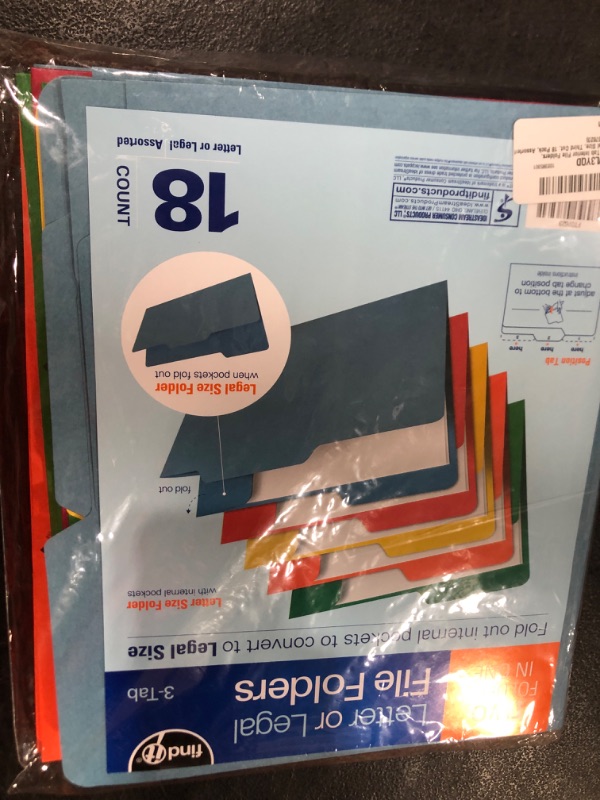 Photo 2 of Find It All Tab Interior File Folders, Letter/Legal Size, Third Cut, Back to School Supplies for College Students, 18 Pack, Assorted Colors (FT07623) Assorted 18 Pack Letter/Legal