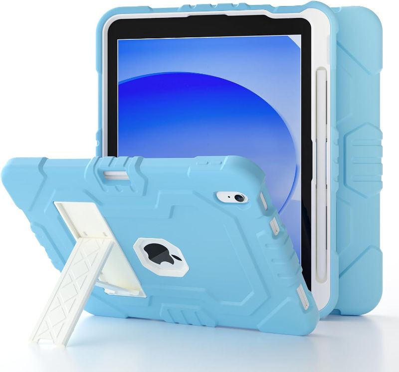 Photo 1 of SPIUST for iPad 9th Generation Case , Shockproof Full Body Rugged Hybrid Cover with Kickstand for Kids and Built-in Pen Holder for iPad 10th Gen 2022, Blue/White