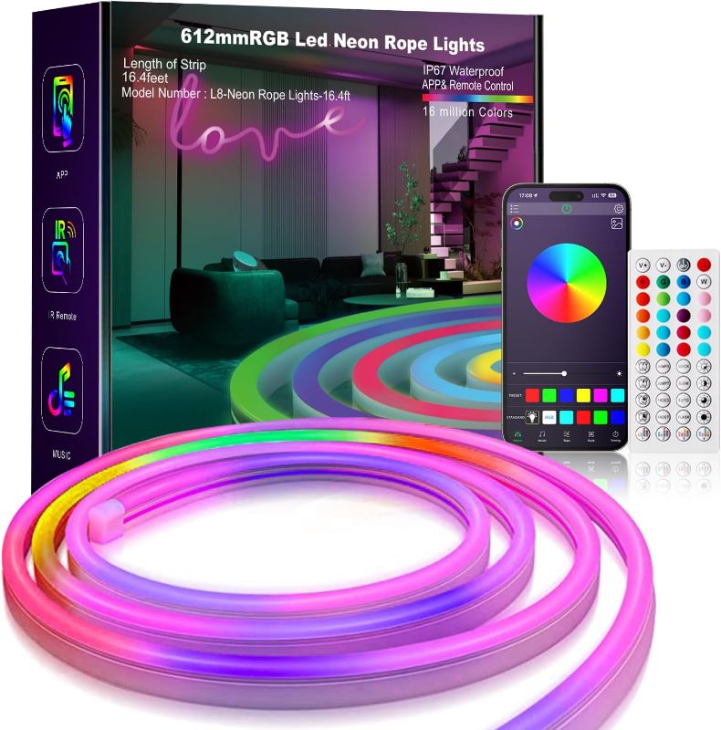 Photo 1 of L8star Neon Lights, 16.4ft/5m RGB LED Neon Rope Light with Remote Control, Smart Color Changing DIY Mode Neon Flex Strip Lights for Bedroom Indoors Outdoors Decor