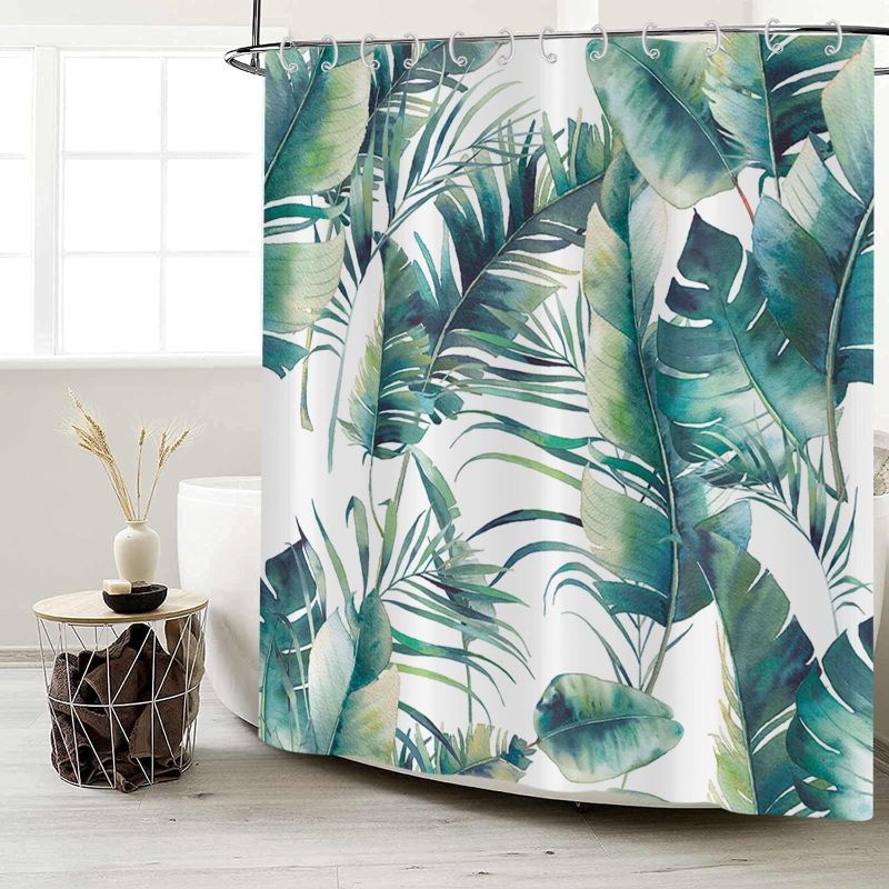 Photo 1 of (Picture Is A Reasonable Facsimile) Tropical Shower Curtain, Summer Blue Green Palms Banana Leaf Hawaii Jungle Botanical Plants Bathroom Curtain Home Decor Waterproof Fabric Machine Washable with 12 Hooks, 72" L x 72" W