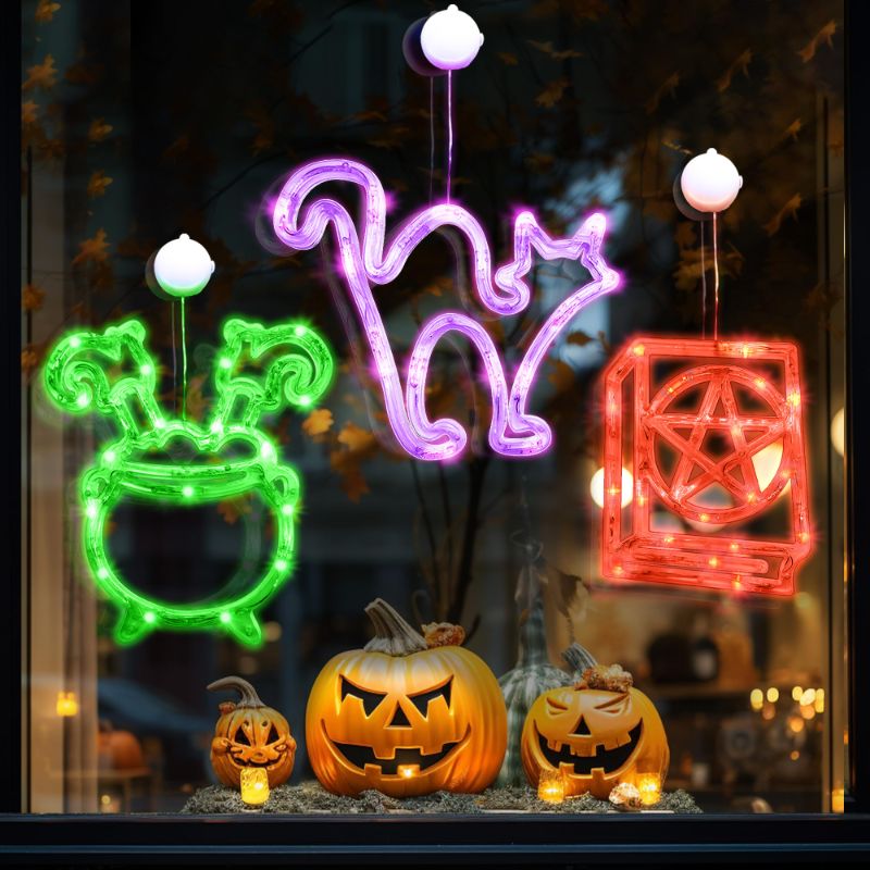 Photo 1 of 2 Pack Halloween Lights-Halloween Window Decorations 3 Packs Cat Cauldron and Spellbook Lights with Suction Cup-Halloween Decorations Indoor for Bedroom Party Window Wall-Purple Orange Battery Operated Decor