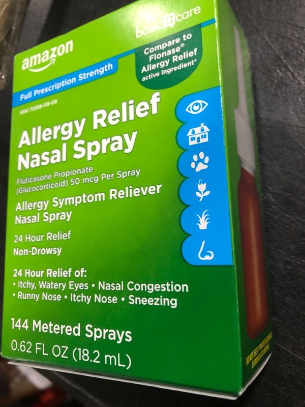 Photo 1 of Amazon Basic Care 24-Hour Allergy Relief Nasal Spray, Fluticasone Propionate (Glucocorticoid), 50 mcg, Full Prescription Strength, Non-Drowsy, 0.62 Fl Oz 0.62 Fl Oz (Pack of 1) BB 3/2024