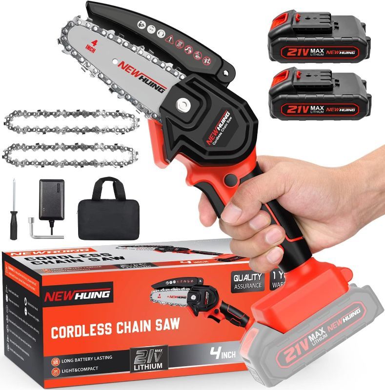 Photo 1 of Mini Cordless Chainsaw Kit, Upgraded 4" One-Hand Handheld Electric Portable Chainsaw, 21V Rechargeable Battery Operated, for Tree Trimming and Branch Wood Cutting by New Huing
