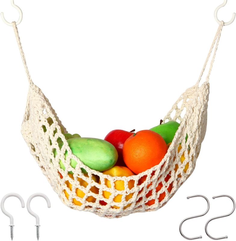 Photo 1 of  Hanging Fruit Hammock Under Cabinet - fruit and veggie basket - macrame fruit hammock for Kitchen Décor - Storage That Saves Counter For More Counter Space at Home, Boat, or Rv,with 4 Hooks.