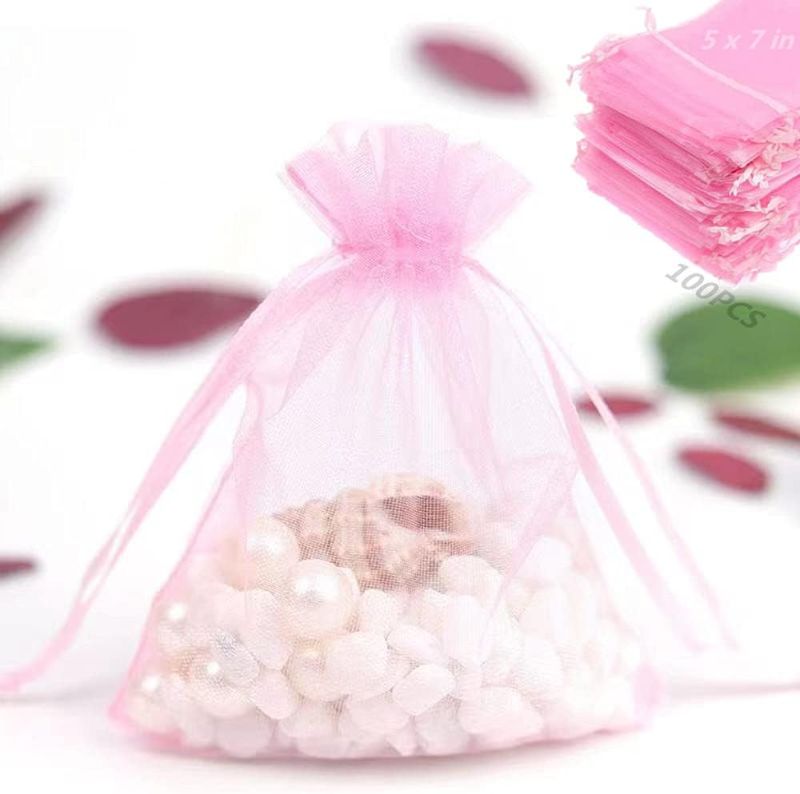 Photo 1 of 100 Pcs Pink Organza Bags, 5 x 7 inches Christmas Wedding Favors Gift Drawstring Bags Jewelry Pouches Candy Mesh Pouches 