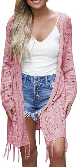 Photo 1 of Cardigan for Women 2023 Lightweight Knit Open Front Hollow Out Crochet Tassel Kimonos Long Sleeve Fall Loose Sweater Cover Up
