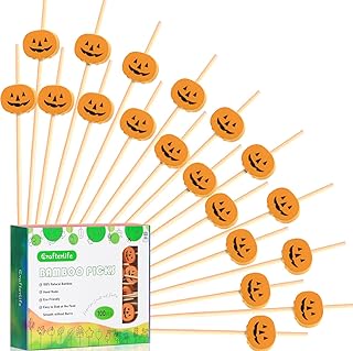 Photo 1 of 100pcs Halloween Pumpkin Cocktail Picks Long Fruit Sticks Food Dessert Toothpicks Sandwich Appetizer Charcuterie Skewers, Made of Bamboo Wood, for Halloween Decorations Themed Party Supplies