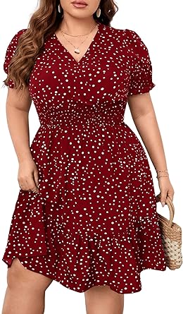 Photo 1 of [Size XL Plus] SweatyRocks Women's Plus Size Polka Dots Short Sleeve V Neck Mini Dress Shirred Waist Ruffle Hem Dresses