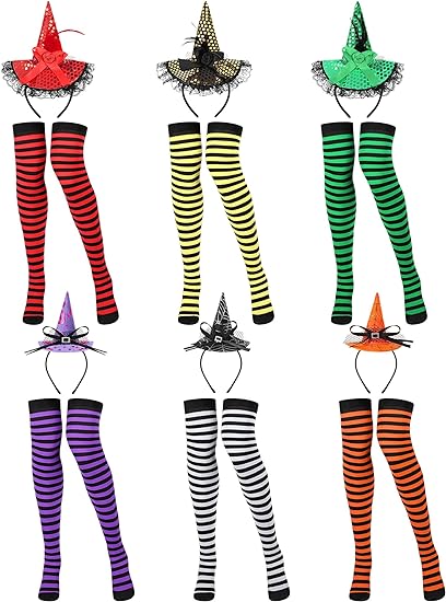 Photo 1 of 6 Pcs Halloween Women's Witch Hat Headband 6 Pair Long Striped Socks Sequins Witch Headbands for Women 24 Inch High over Knee Witch Stockings for Women Party Supplies Favor Cosplay Costume Accessories 