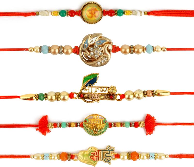 Photo 1 of 2 Pkgs- SATVIK 5 Pc Set of Designer Assorted Rakhi for Brother Bhaiya Bhabhi Traditional Handmade Bracelet Thread 