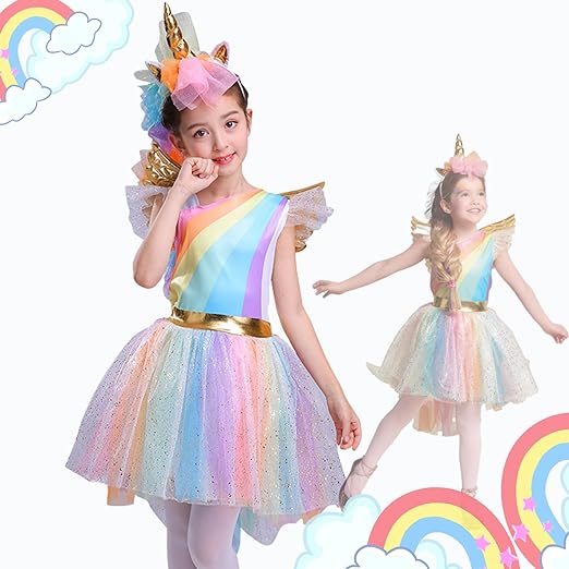 Photo 1 of [Size 10-12] JUST FOR PARTY Girls Princess Dress up Costume Kid Cosplay Party Dress, Rainbow Unicorn Dress Up Costume for Halloween 