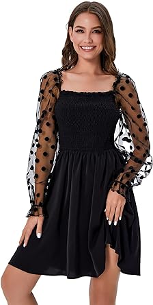 Photo 1 of [Size M] WDIRARA Women's Polka Dots Mesh Flounce Long Sleeve Flared Shirred Dress