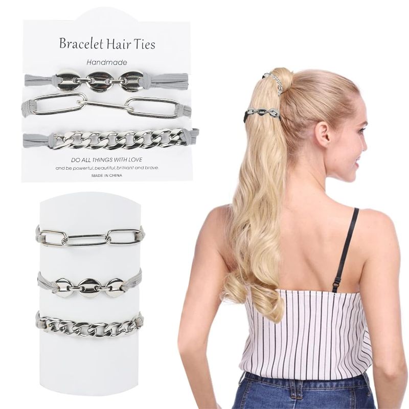 Photo 1 of 3 PCS Bracelet Hair Ties With Beige Elastic, 2 in 1 Bracelet Hair Ties Bracelet with Gold Metal, Looks Awesome On Your Wrist and Cute In Your Hair (Style A, Gray+Silver) 