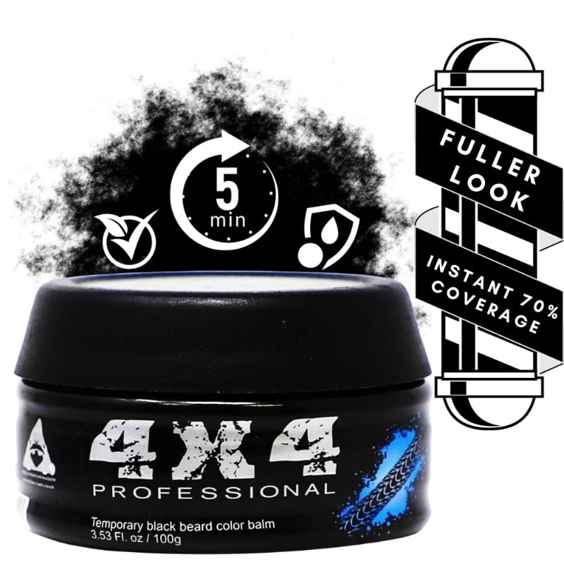 Photo 1 of 4X4 Professional Black Beard Balm Hair Coverage - Conceals Gray Hair & Patchy Thinning Beards Instantly- Temporary Black Hair Color Coverage Beard Coloring - Natural Look, Sweat & Water Resistant 