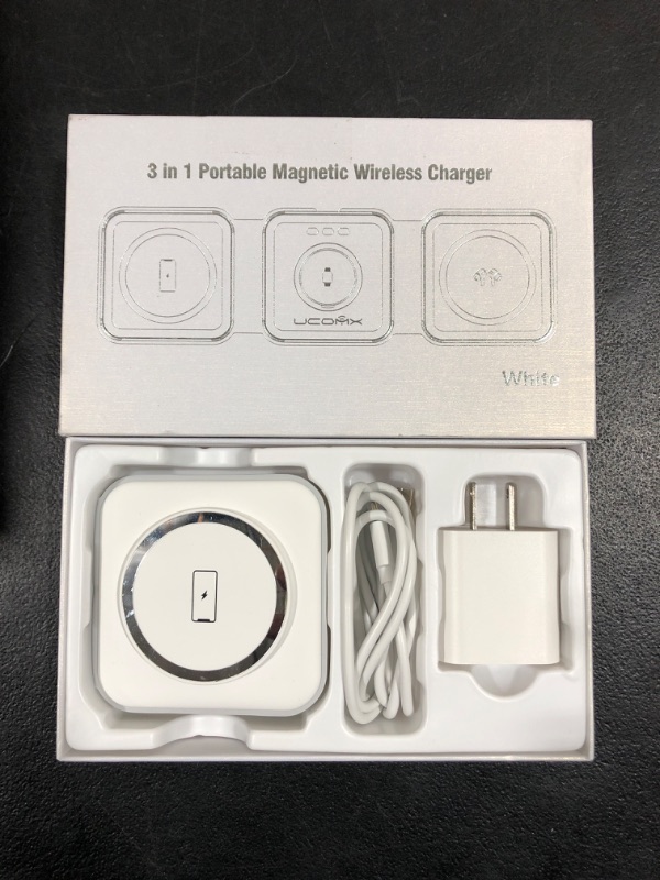 Photo 2 of Charging Station for Apple Multiple Devices - 3 in 1 Foldable Magnetic Wireless Charger Dock - Travel Charging Pad for iPhone 14 13 12 Pro Max Plus Watch & Airpods White