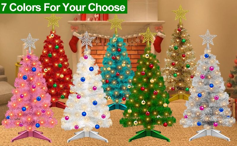 Photo 1 of [ Timer & 8 Modes ] 3 Ft Silver Christmas Tree with DIY 50 Warm Lights 15 Ball Ornaments 3D Star Remote Control Battery Operated Pencil Full Tree Holiday Xmas Christmas Decorations Table Indoor Home-- SILVER