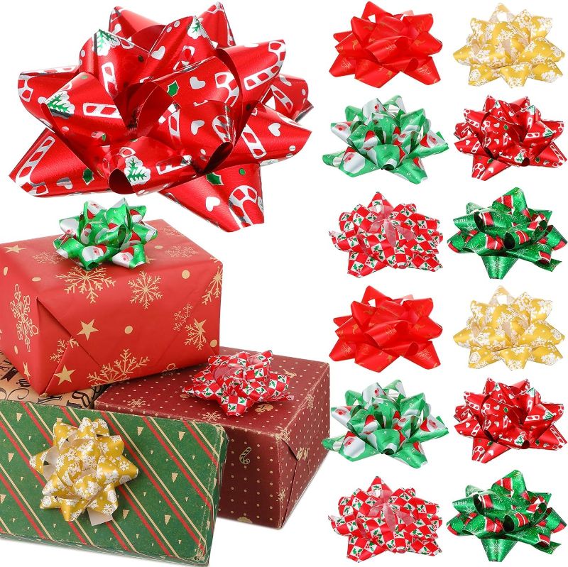 Photo 1 of 24 Pack Christmas Bows for Gift Wrapping Ribbon Gift Bows Assorted Self Adhesive Christmas Bows Star Bows for Christmas Presents and Holiday Gifts (Classic,4 Inch) 