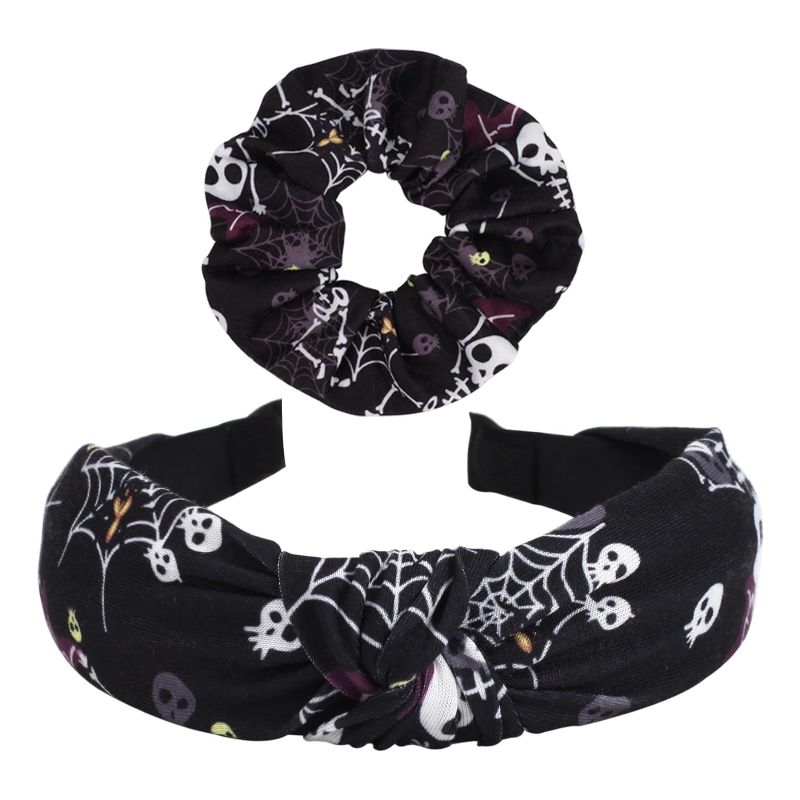 Photo 1 of 2 PACK Ardorchid Halloween Headbands Skull Skeleton Hair Scrunchies for Women Girls Set Halloween Gifts Hair Accessories Black Halloween Hair Hoop 2PCS 