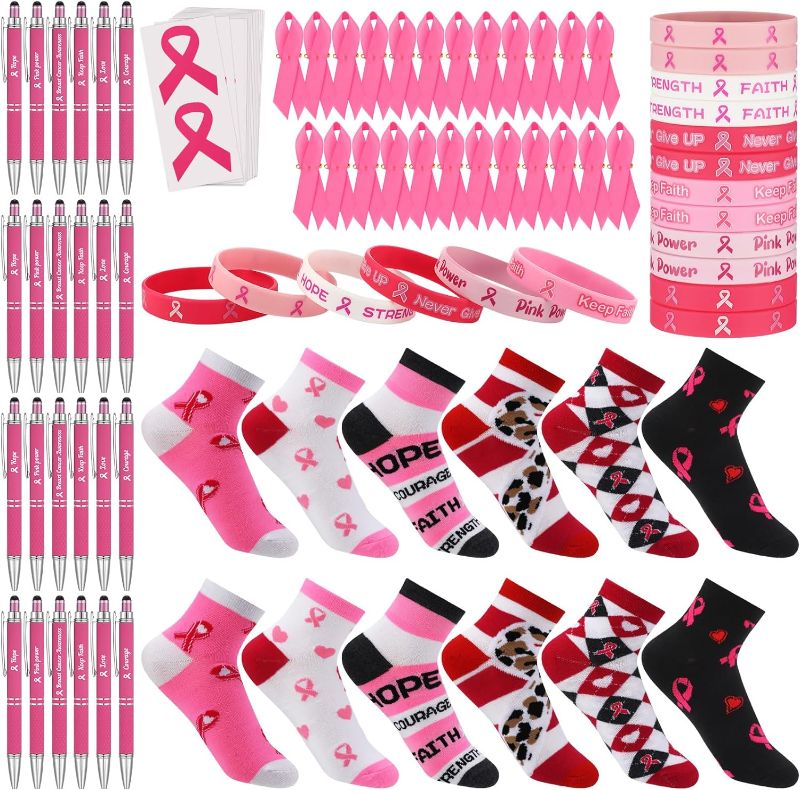 Photo 1 of 144 Pcs Breast Cancer Awareness Accessories 24 Breast Cancer Socks 24 Pink Ribbon Silicone Bracelets Rubber Wristband 24 Retractable Ballpoint Pens Black Ink 24 Ribbon Pins and 48 Pink Ribbon Stickers 